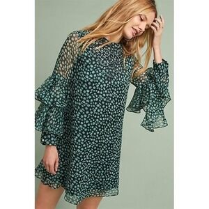 Anthropologie Ranna Gill Fluttered Tunic Mini Dress XL Black Green Floral Boho